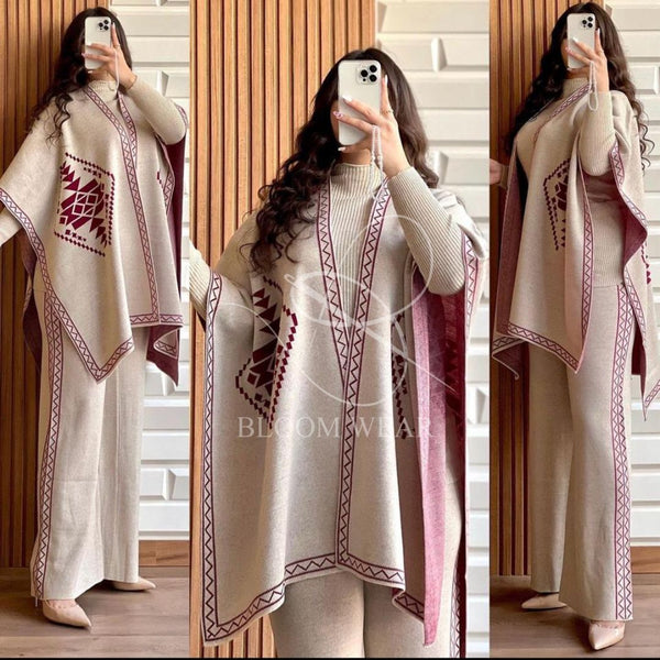 READY TO WEAR WINTER 3 PIECE FLEECE SUIT CAPE SHAWL HIGH NECK & TROUSER CH # 370