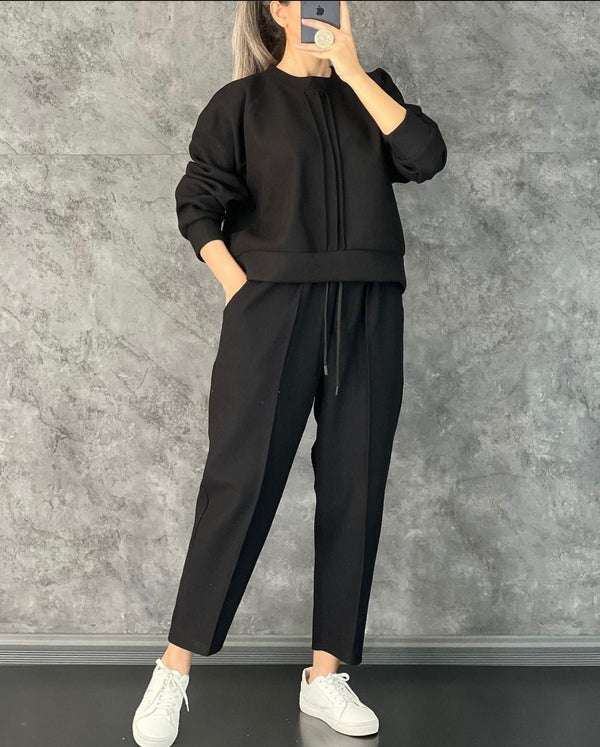 Ch # 381 THEfabrato Winter Fleece Co-Ords: Stylish Black 2-Piece  Set With Cocoon Pants And Sweatshirt